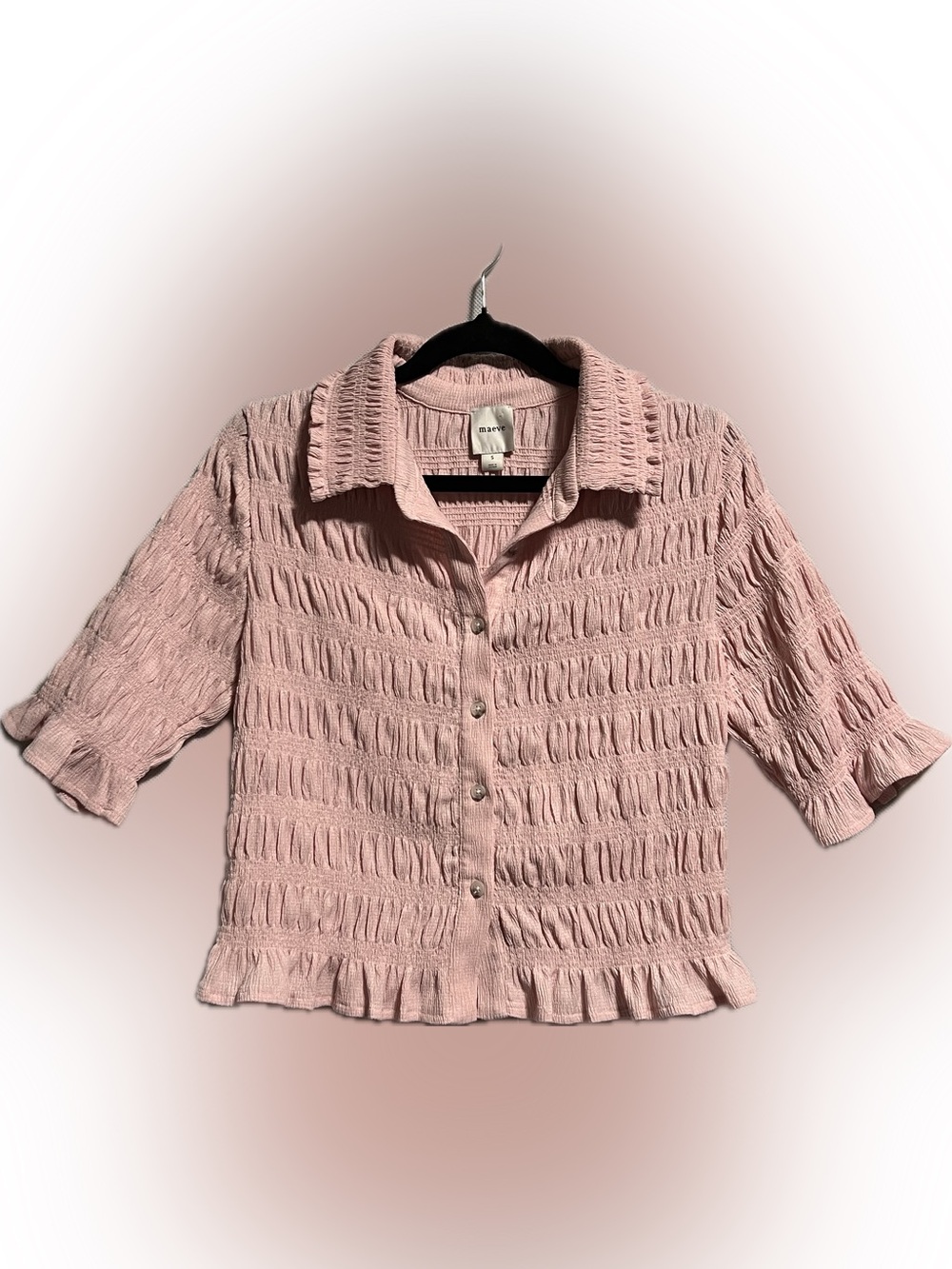 Maeve Pink Smocked Button-Front Ruffle Top | SMALL - Picture 2 of 4